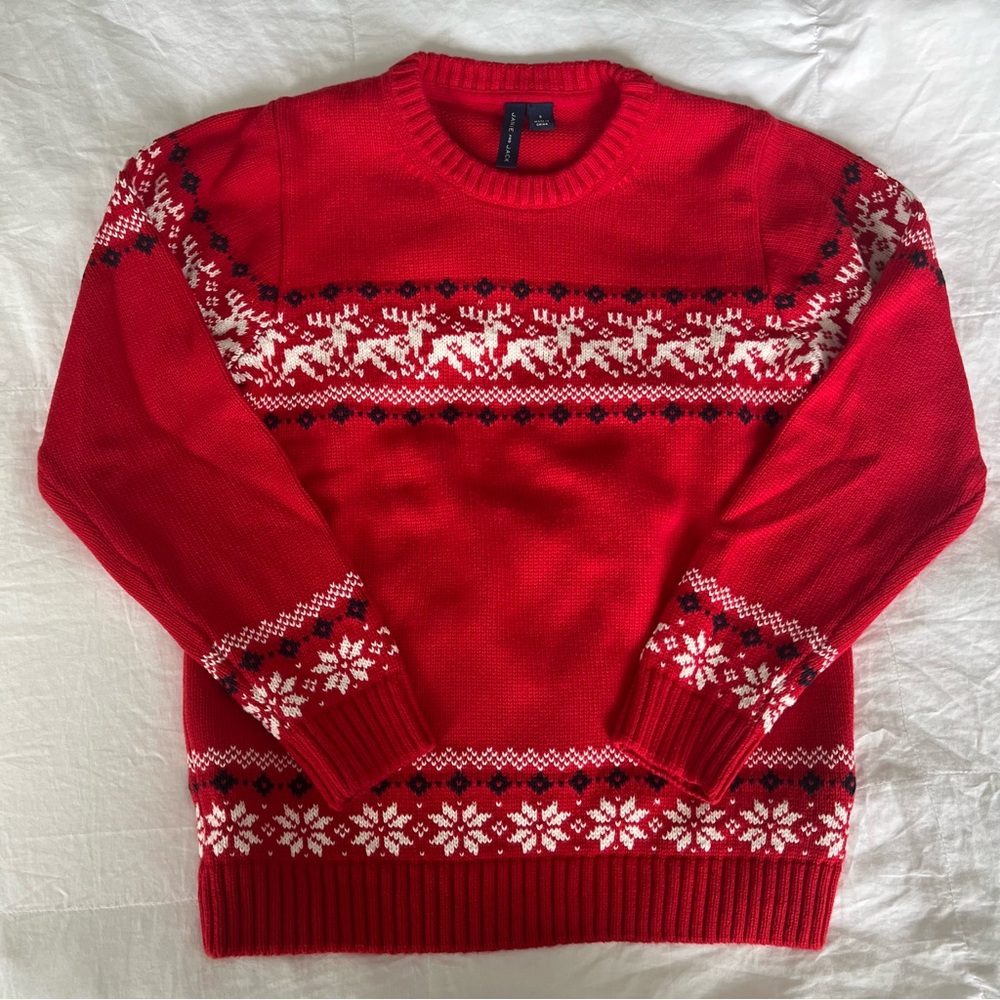 JANIE and JACK Red and White Crewneck Nordic Fair Isle Reindeer Sweater Size 8 - Picture 2 of 6